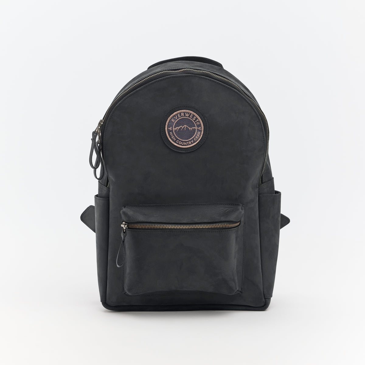 Black leather backpack with the Everwest logo patch on a white background