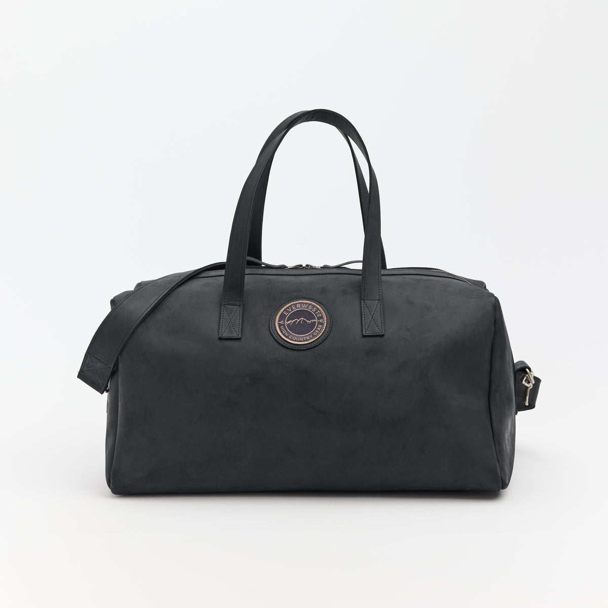 Black leather duffel bag with the Everwest brand logo on a white background