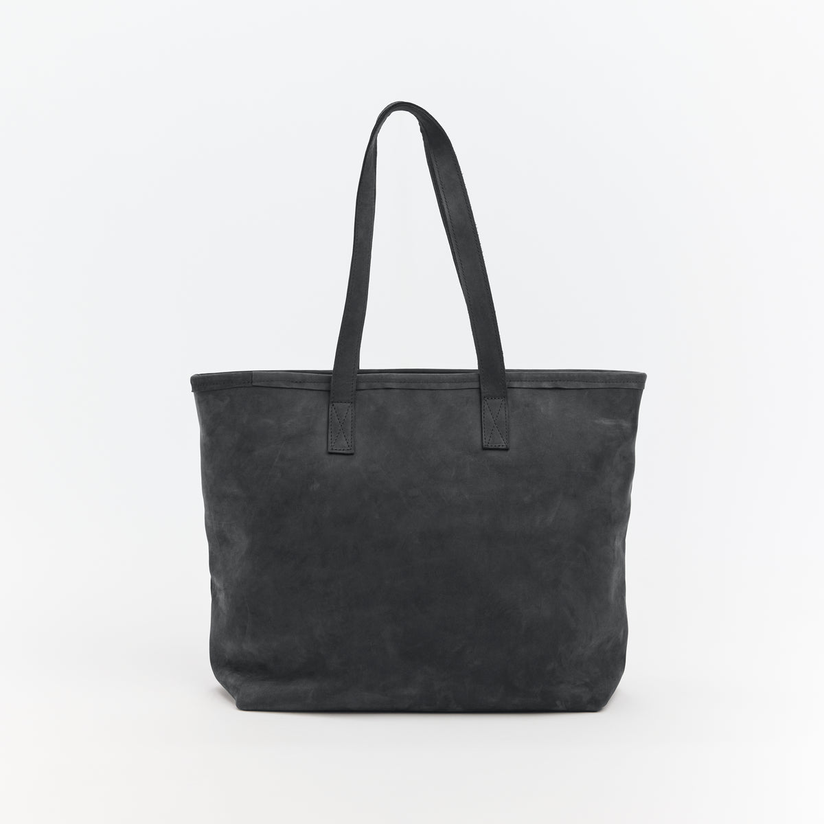 Black leather tote bag on a white background
