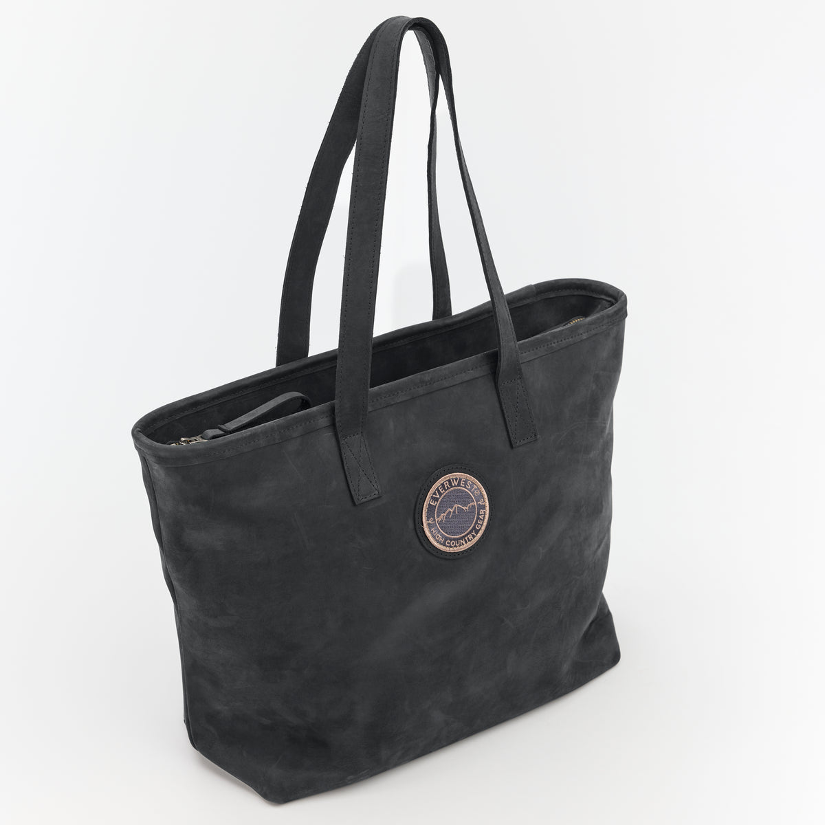 Black leather tote bag with the Everwest brand logo on a white background