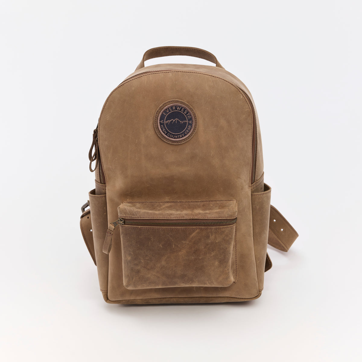 Brown backpack with the Everwest brand logo on a white background