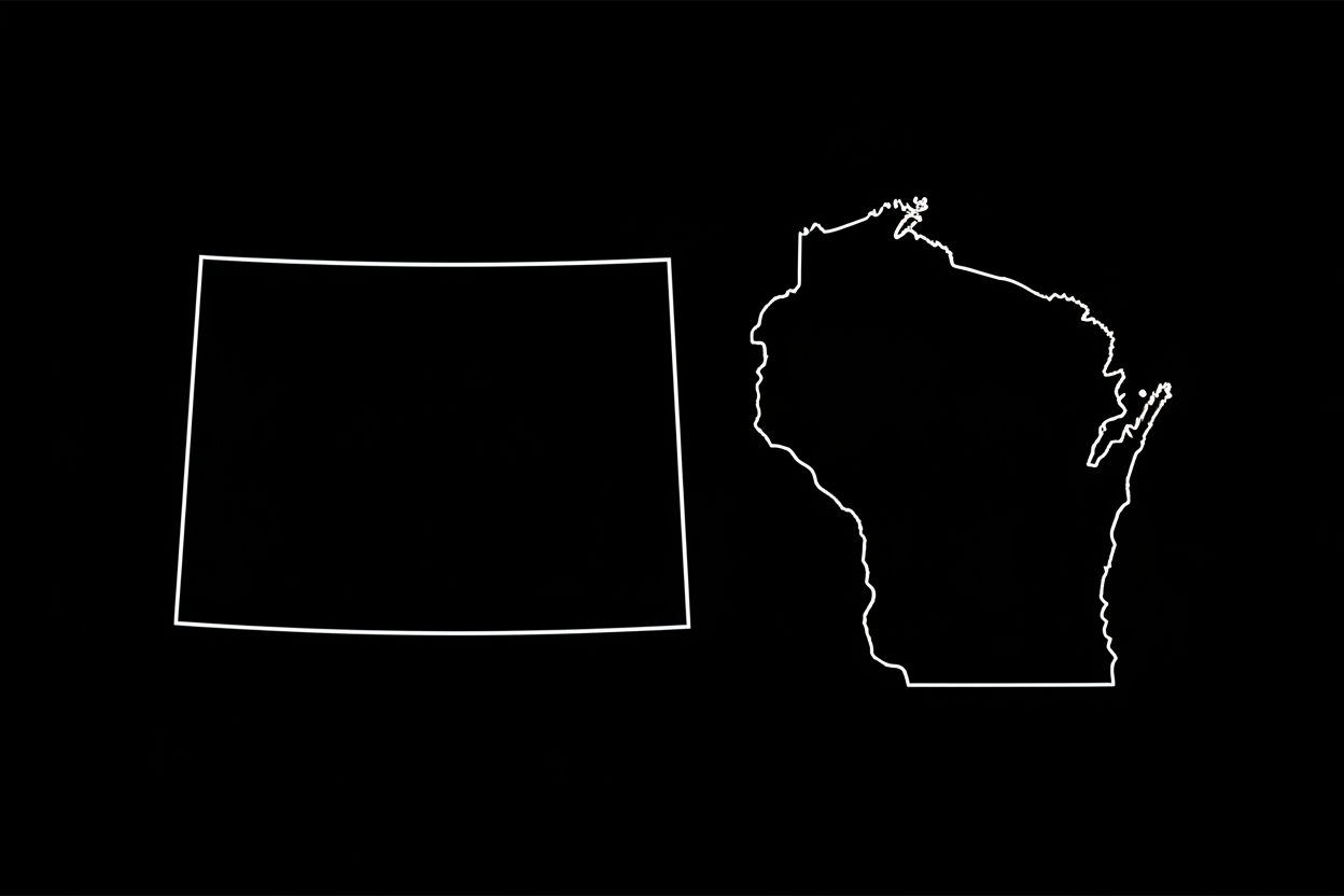 white outline, black background of the shape of the state of Colorado next to the shape of the state of Wisconsin