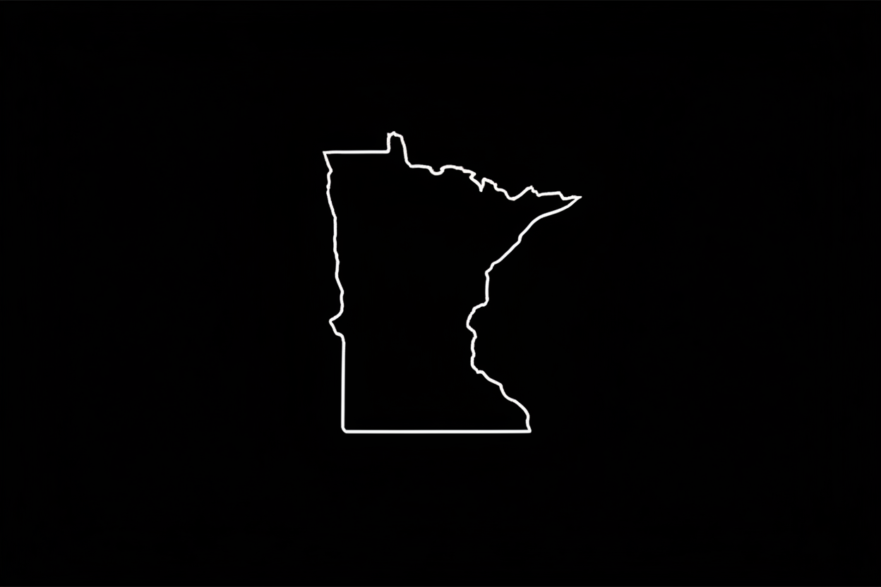 white outline, black background of the state of minnesota