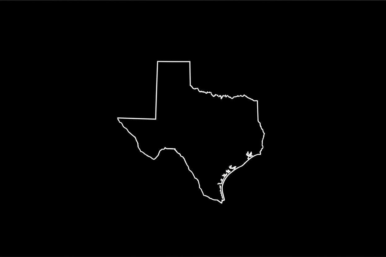 white outline, black background shape of the state of texas