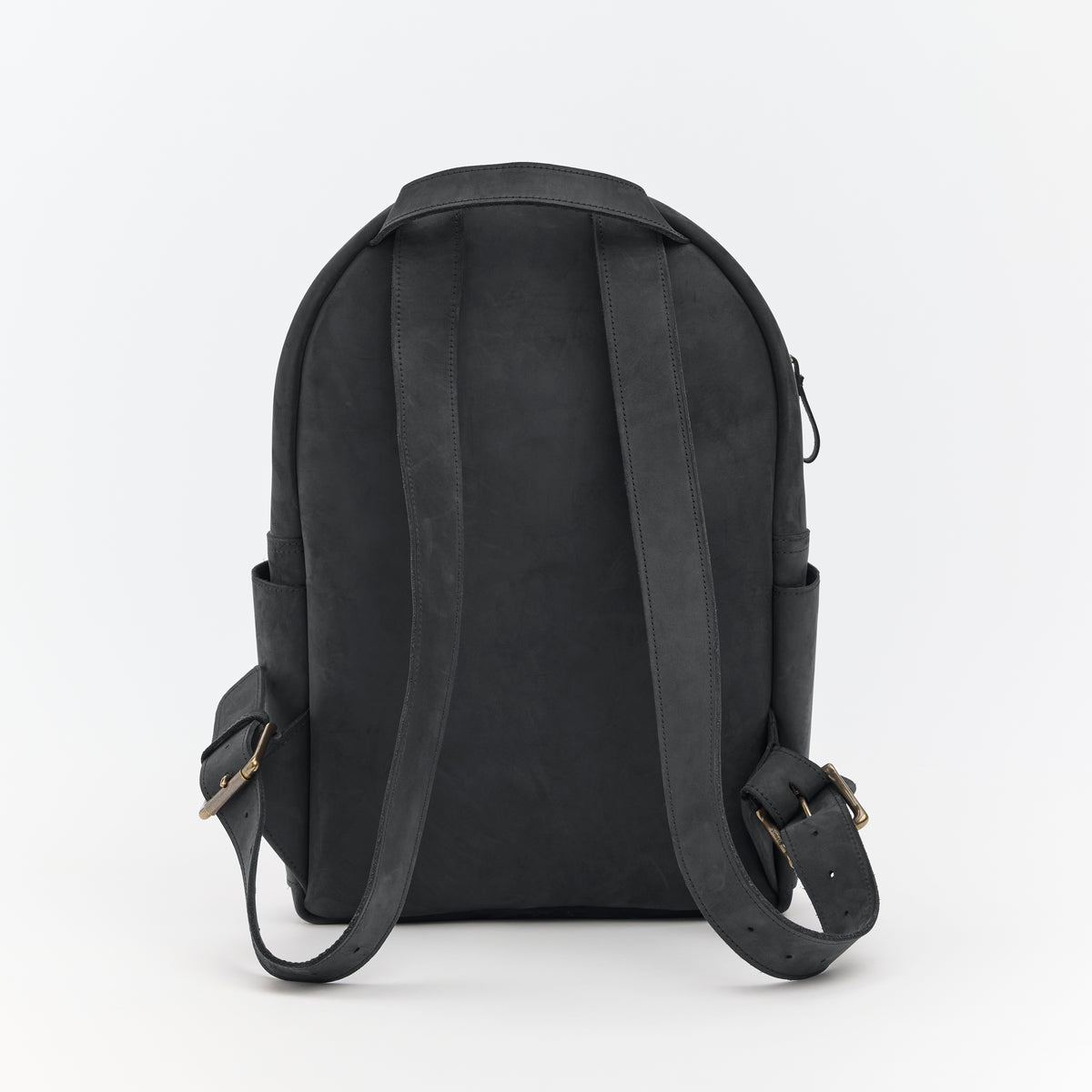 Black leather backpack shown from the back on a white background