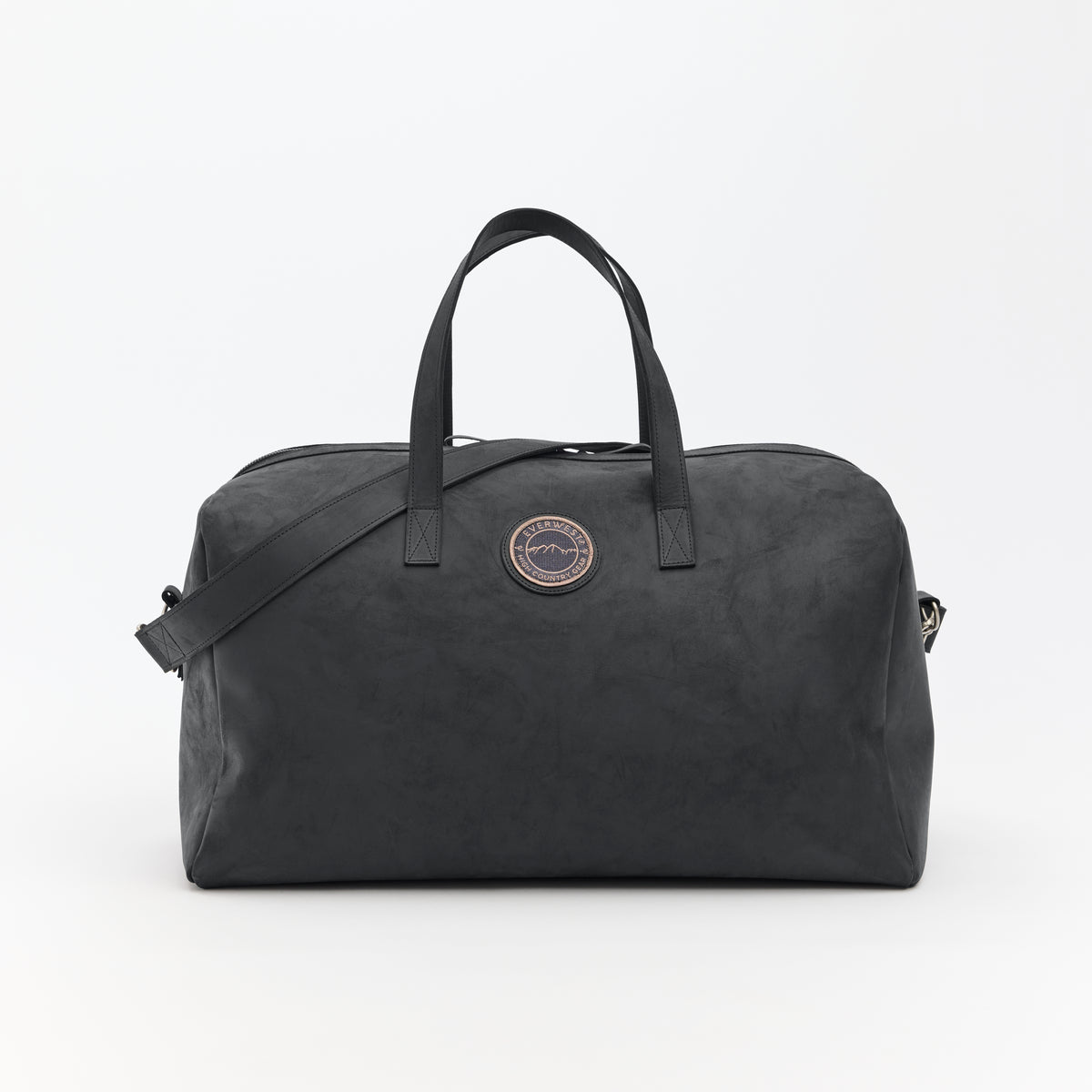 Large black leather duffel bag with a visible Everwest brand logo on a white background
