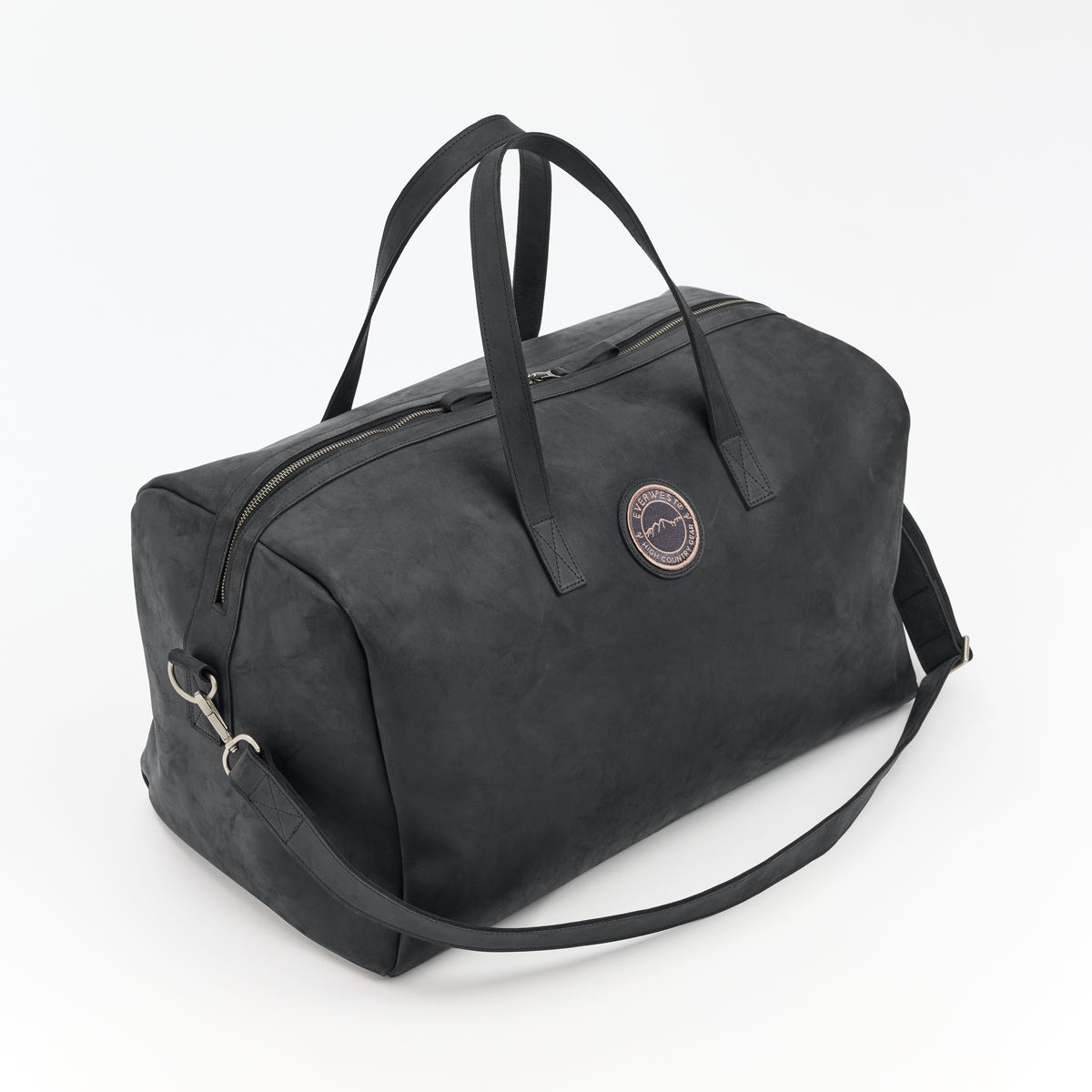 Large black leather duffel bag with a visible Everwest brand logo on a white background