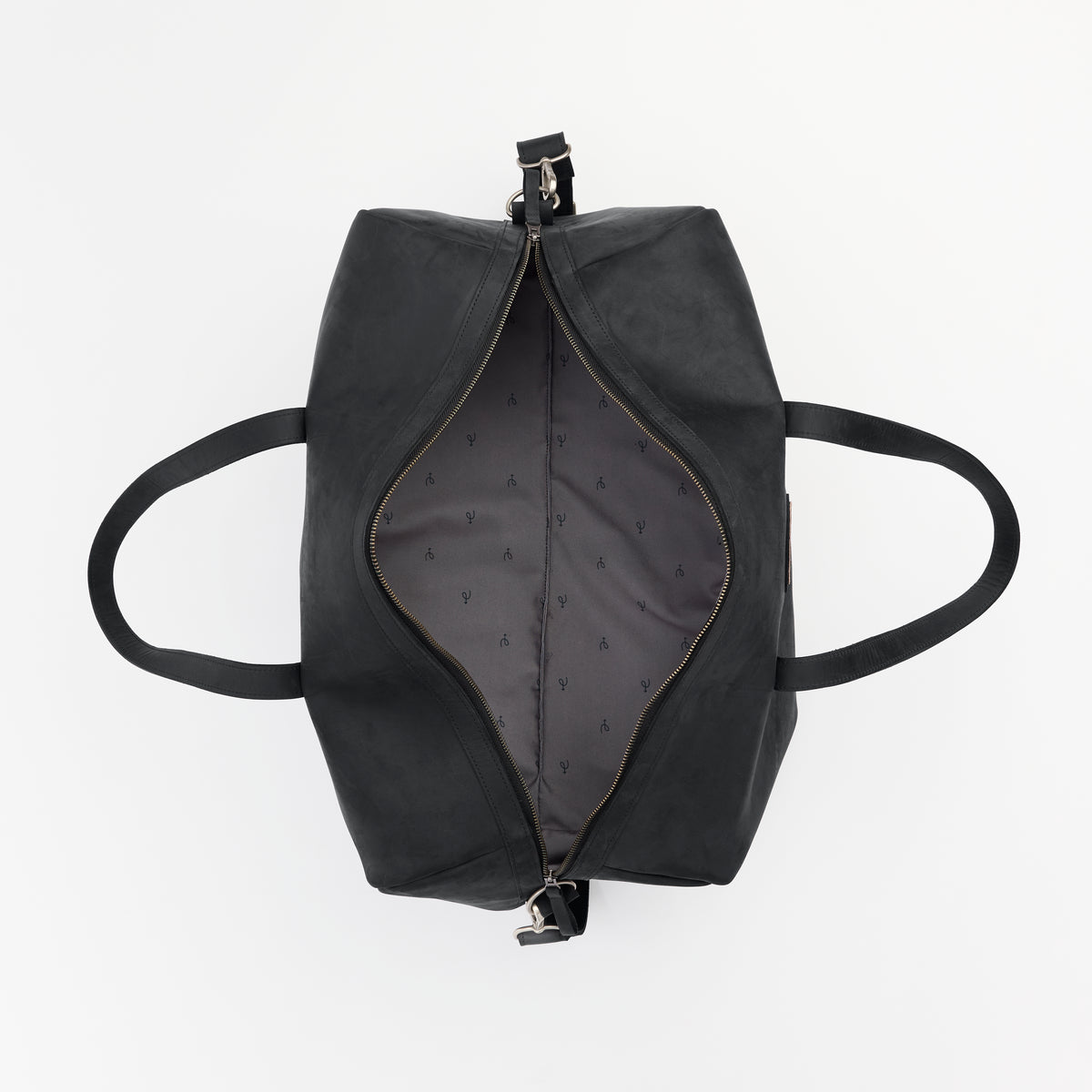 Large black leather duffel bag with custom interior liner on a white background