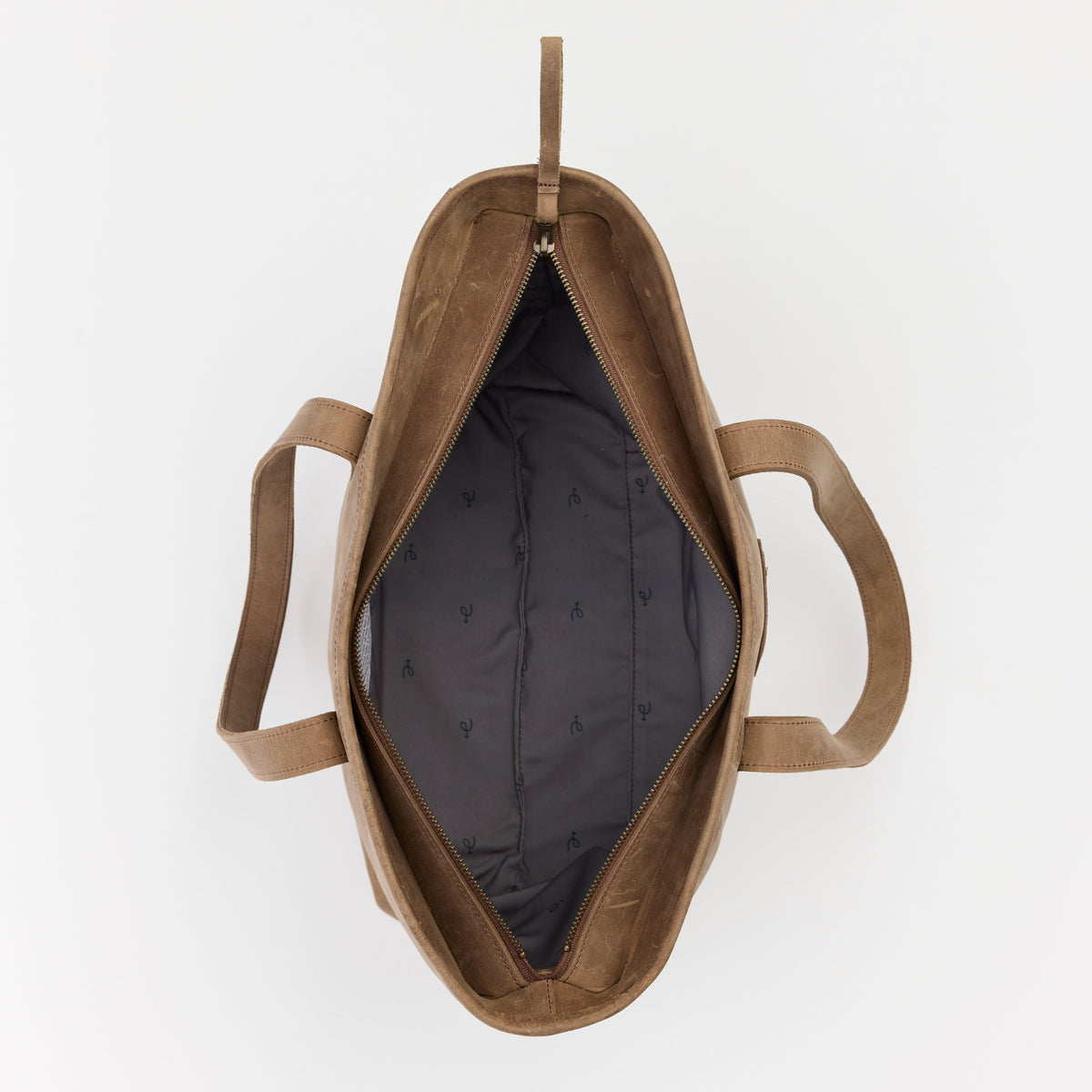 Brown leather tote bag with an open zipper compartment on a white background
