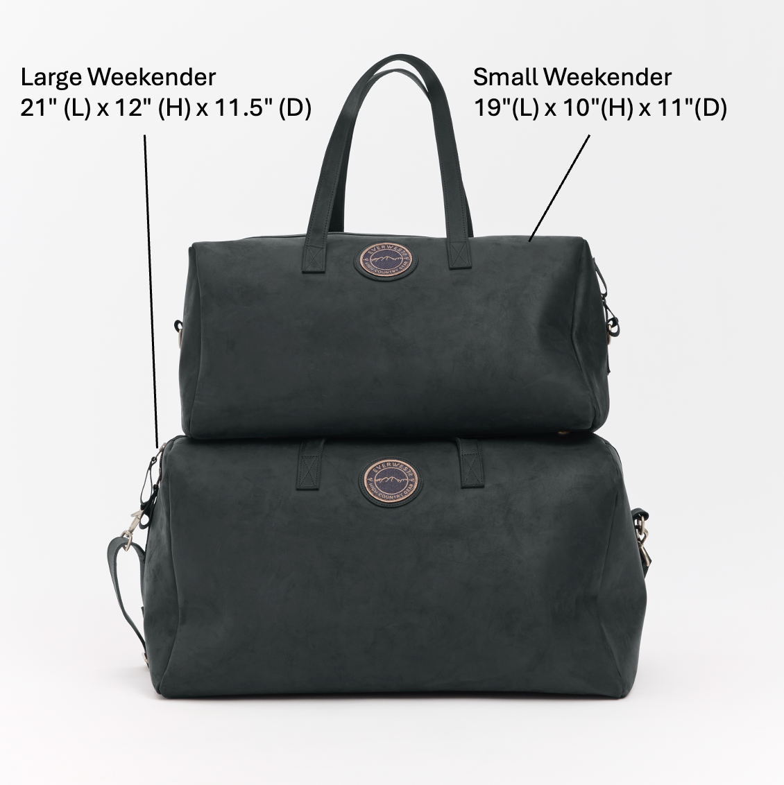 Two different size black leather weekender bags with measurements labeled on a white background