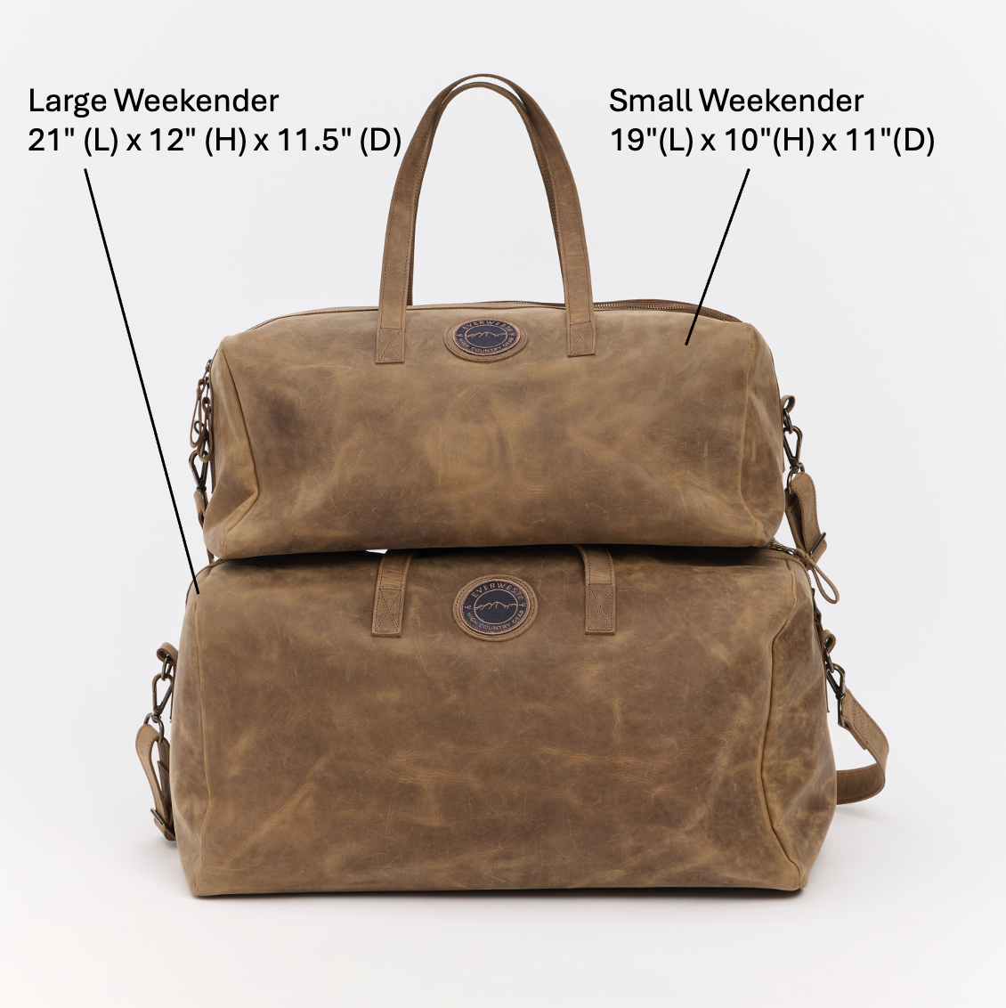Two brown leather weekender bags with measurements labeled on a white background